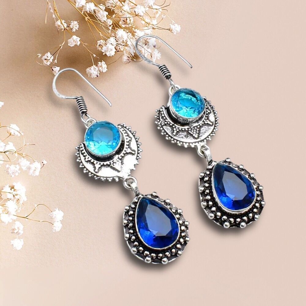 NWOT Handmade Women Topaz Tanzanite Gemstone Drop Dangle Earrings‎ Jewelry India